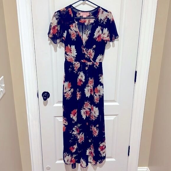 Band of Gypsies Black Floral Maxi Faux Wrap Dress - Picture 1 of 7